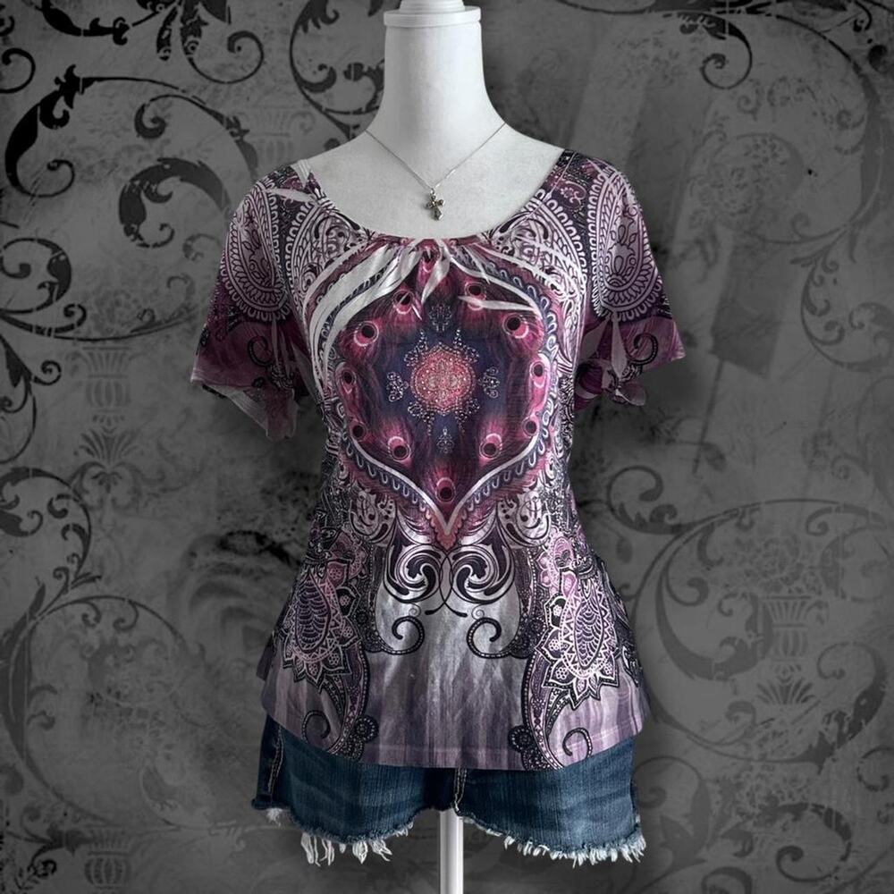 pink whimsical dreamy fairy boho grunge paisley mandala medallion print top